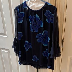 Elie Tahari Navy and Cobalt Floral Blouse